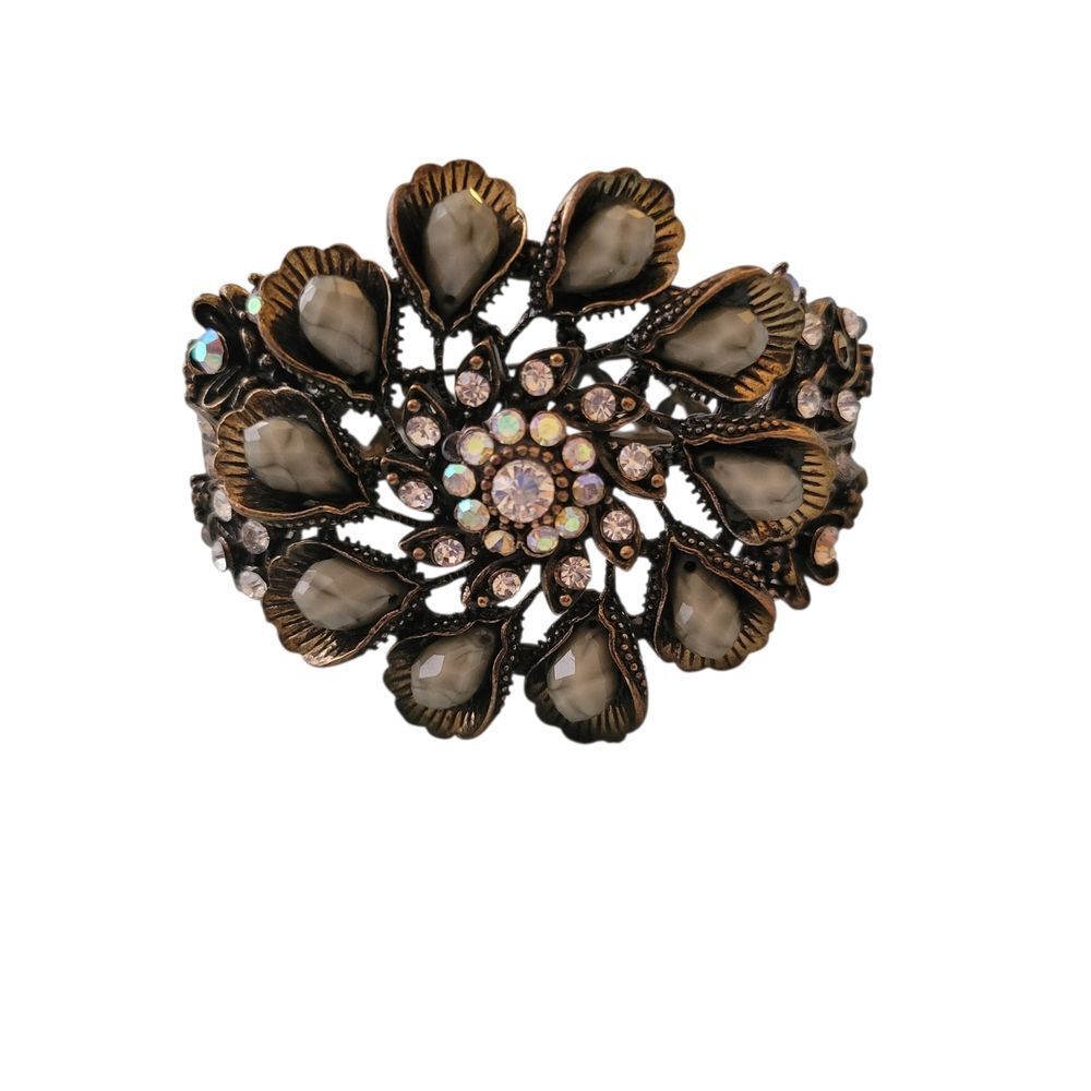 Floral Statement Cuff Bracelet - Brass & Gold Tones With Green Stones